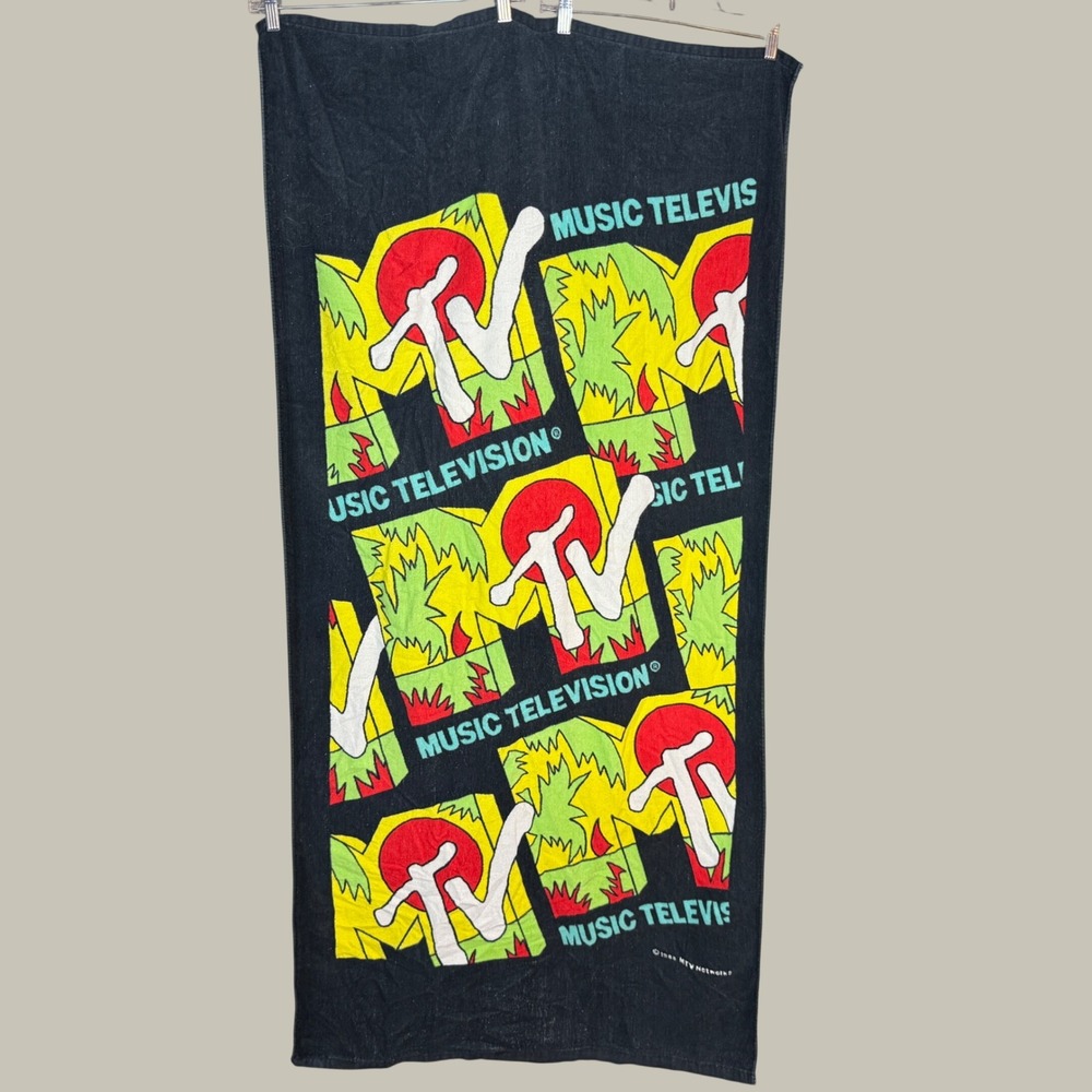 Vintage 1988 MTV Music Television Beach Towel RA Briggs Neon Logo Black Cotton